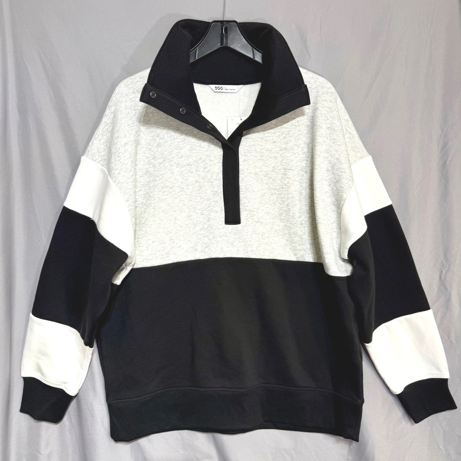 DSG Womens Classic Cotton Snap Neck Fleece Sweatshirt Light Heather Grey Black L