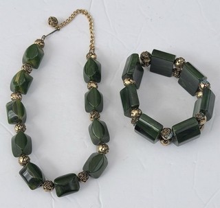 Spinach Green Bakelite Necklace With Matching Bracelet