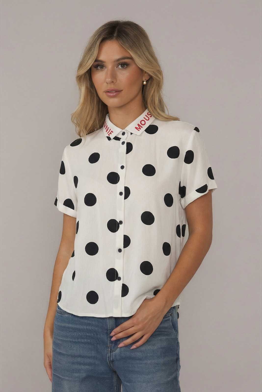 NWT Disney Minnie Mouse Women’s Polka Dot Button Down Shirt White Black Size L