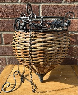 Vintage Lovely Old French Wrought & Wicker Hanging Basket Pot Planter Garden Art
