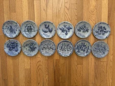 12 Days Of Christmas Rowe Pottery Works Blue Salt Glazed Plates Set 1-12 RETIRED