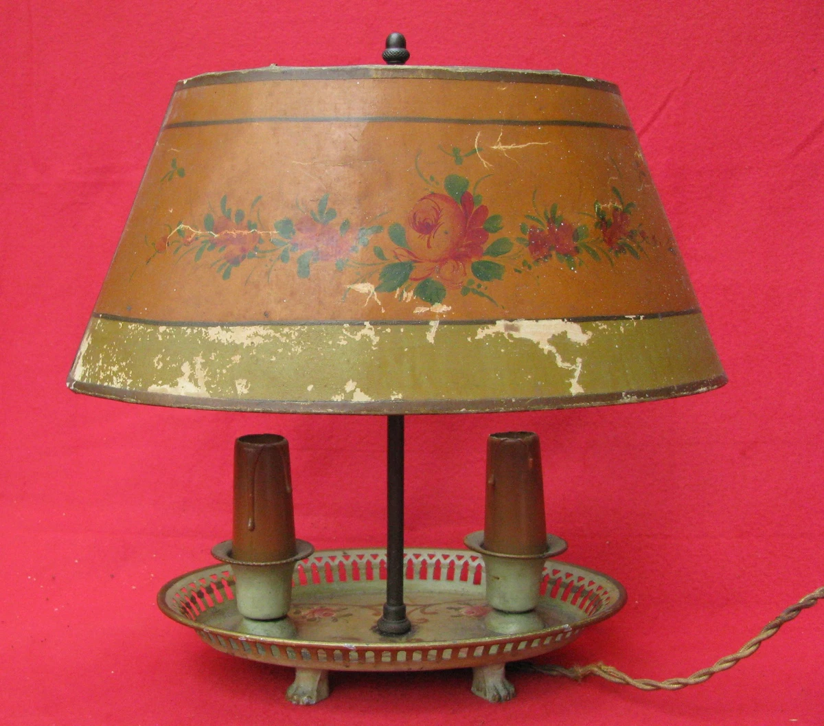 Lampe bouillotte 2 feux style empire avec abat jour tissu vintage années 50-60