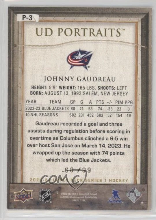 2023-24 Upper Deck Series 1 UD Portraits Silver Frame /99 Johnny Gaudreau #P-3 - Image 2 of 2