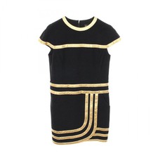 Chanel Coco Mark Scarab Button Short Sleeve Pile Dress Silk Cotton Size 38 Black