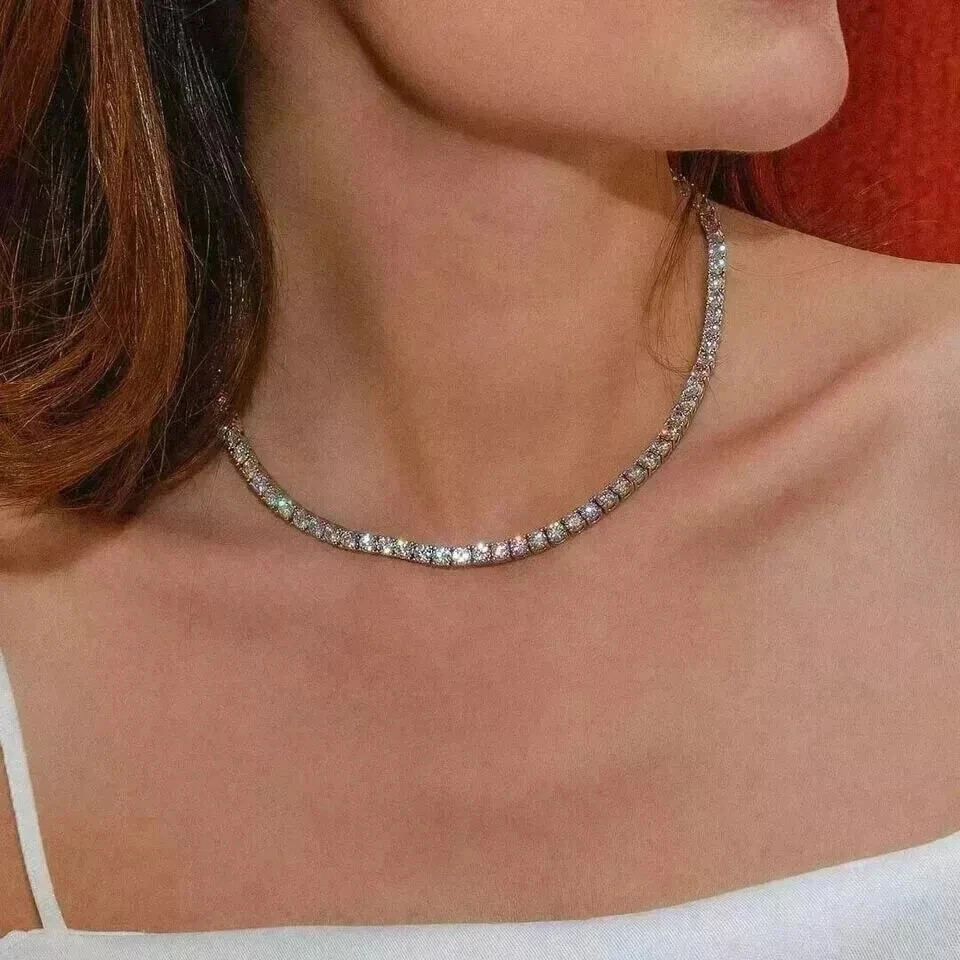 10Ct Round Cut White Moissanite Women's Tennis Necklacet 14K White Gold Plated