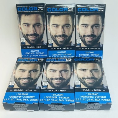 6 Pack COLOR FOR HIM BRUSH IN COLOR GEL BLACK MUSTACHE BEARD SIDEBURNS 