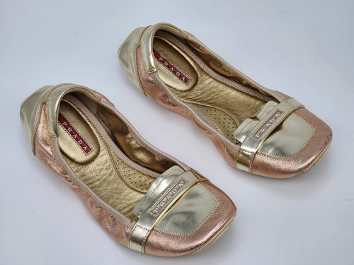 Prada Pink/Pewter Metallic Leather Elastic Loafer Flat Size 37.5 US 7 - Picture 3 of 15