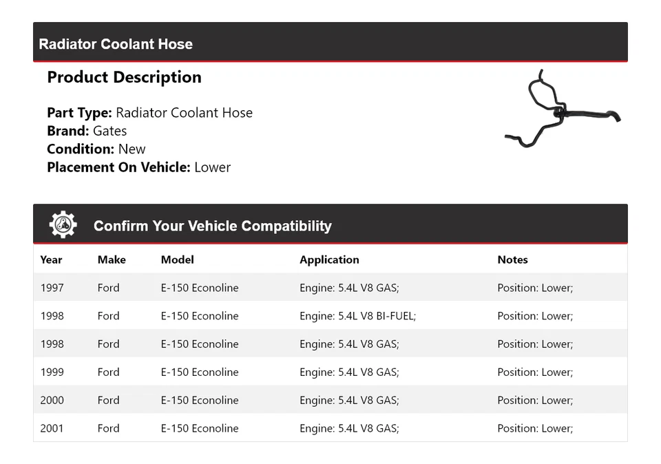 For 1997-2001 Ford E-150 Econoline Radiator Coolant Hose Lower Gates 1998 1999 - Image 2 of 4
