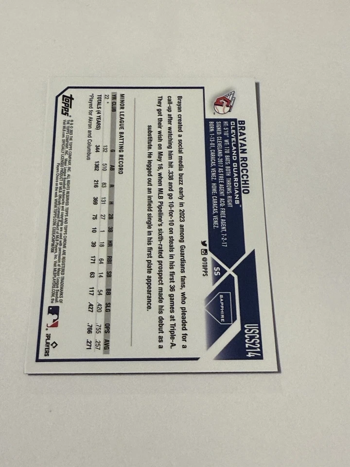 Brayan Rocchio 2023 Topps Chrome Update Sapphire #USCS214 RC Cleveland Guardians - Image 2 of 2