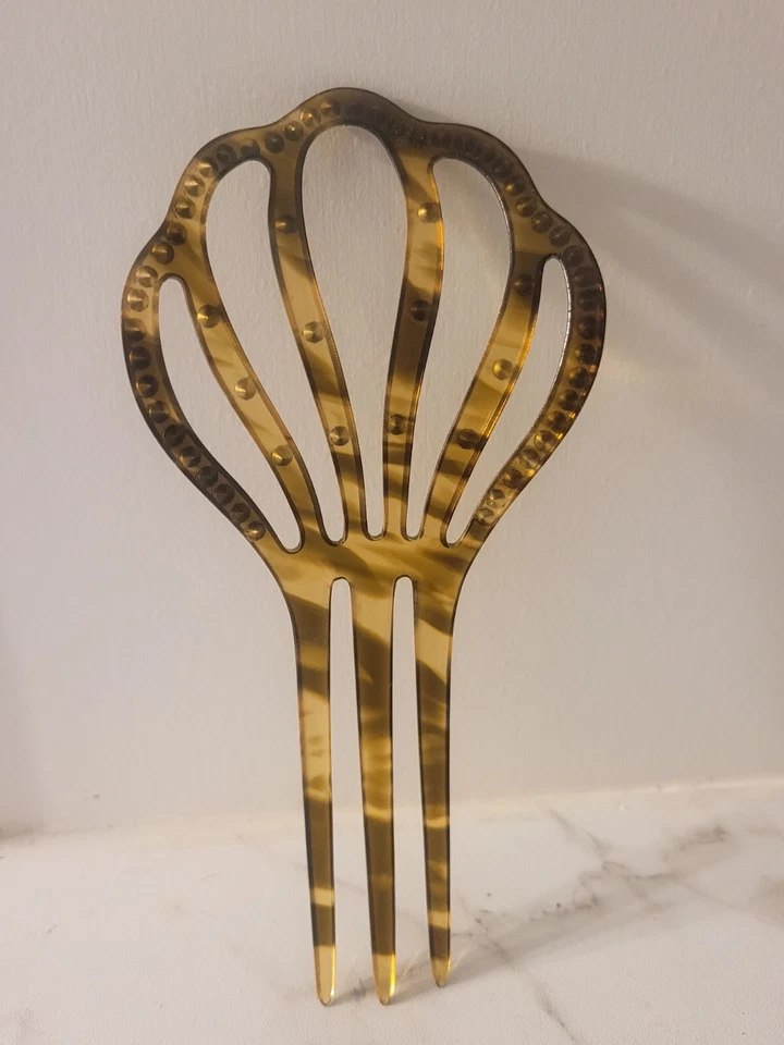 Peine de pelo vintage de celuloide marrón tortuga victoriano con pedrería verde Foto 3 de 4