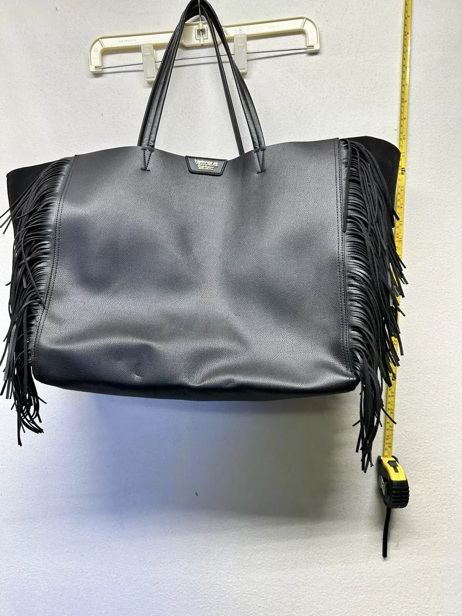 Victoria's Secret Limited Edition Black Logo Faux Leather Fringe Tote Bag  NWT