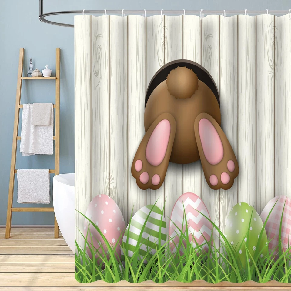 Easter Shower Curtain, Funny Bunny Shower Curtain set, Spring Shower Curtains  - Image 2 of 4
