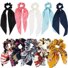 Satin Ribbon Scrunchies Set, 10 Pcs Long Bow Hair Accessories - 5 Floral and 5 S