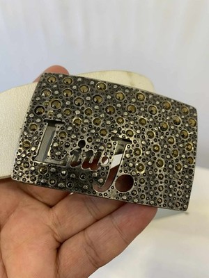 Liu Jo Women s Belt White Leather 35.5  Made in Italy Rhinestone Buckle M