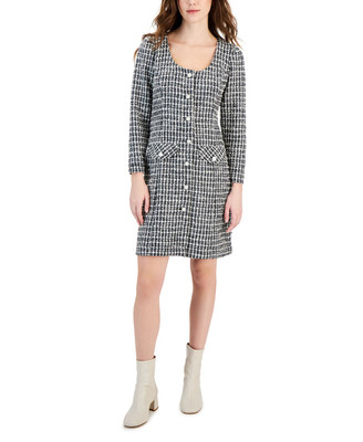 Taylor Women's Tweed Boucl?-Knit Button-Front Dress (Raven/Pearl, 8) | eBay
