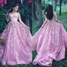 Elegant Pink Prom Dressesl Off Shoulder Lace Appliques Beaded Evening Ball Gowns