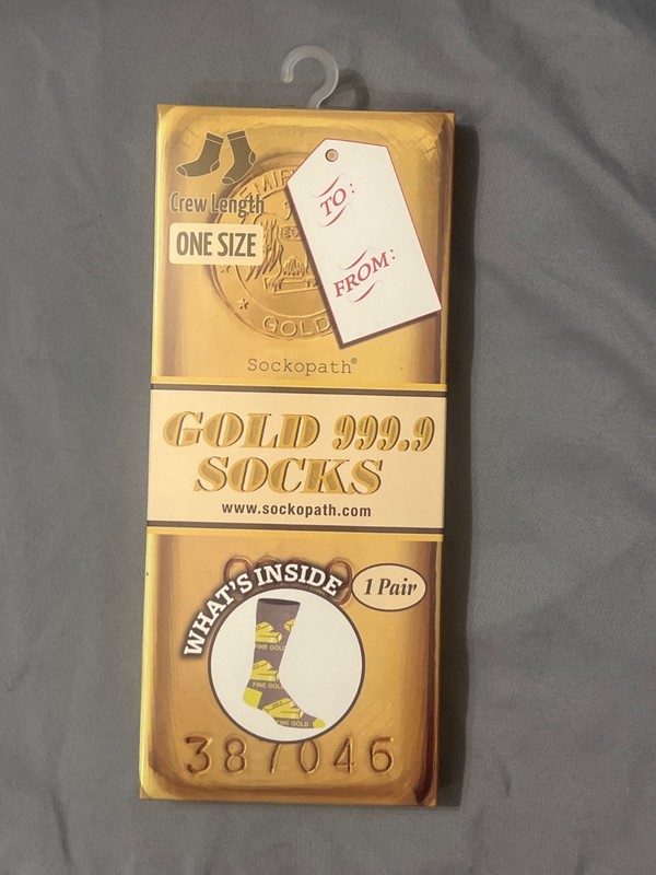 Novelty Gold 999.9 Socks, 1 Pair-men 8-12, women 9-14
