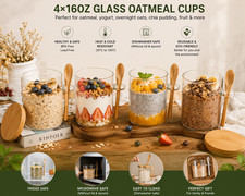 4 Pack 16oz Glass Oatmeal Cups with Bamboo Lids Spoons, Overnight Oats Jars
