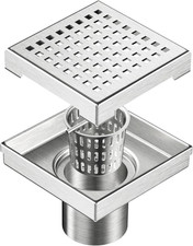 4-Inch Square Shower Drain with Removable Quadrato Pattern Grate, Brushed 304 St
