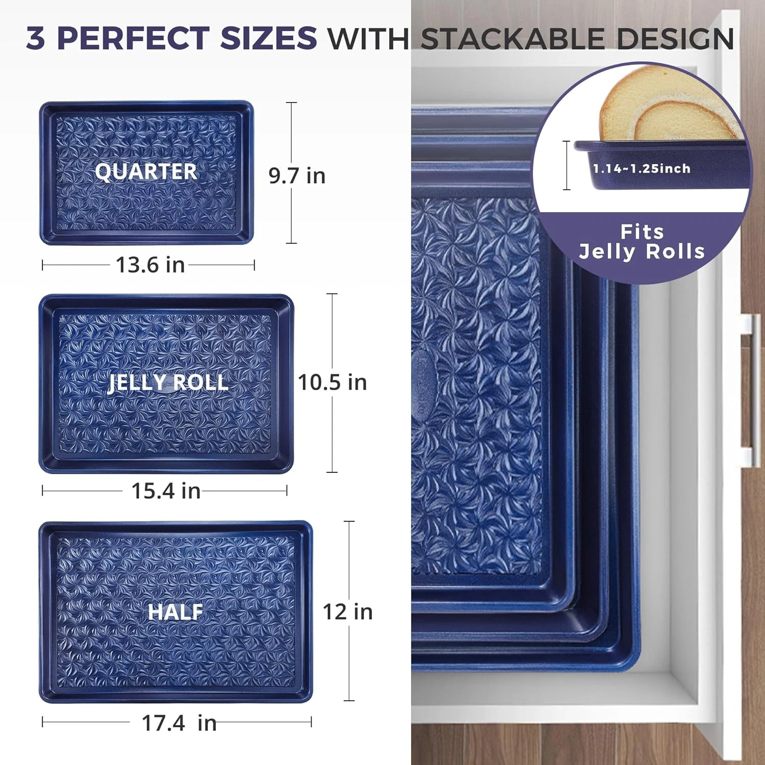 Set of 3 Nonstick Baking Sheet Pan Cookie Sheets for Oven Non-Toxic 0.8Mm Blue