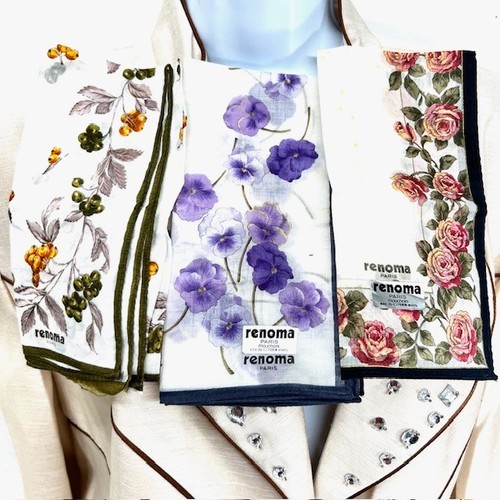 New Set of 3 Hankderchiefs Renoma Paris , Cotton 16" purple peach green flora(26