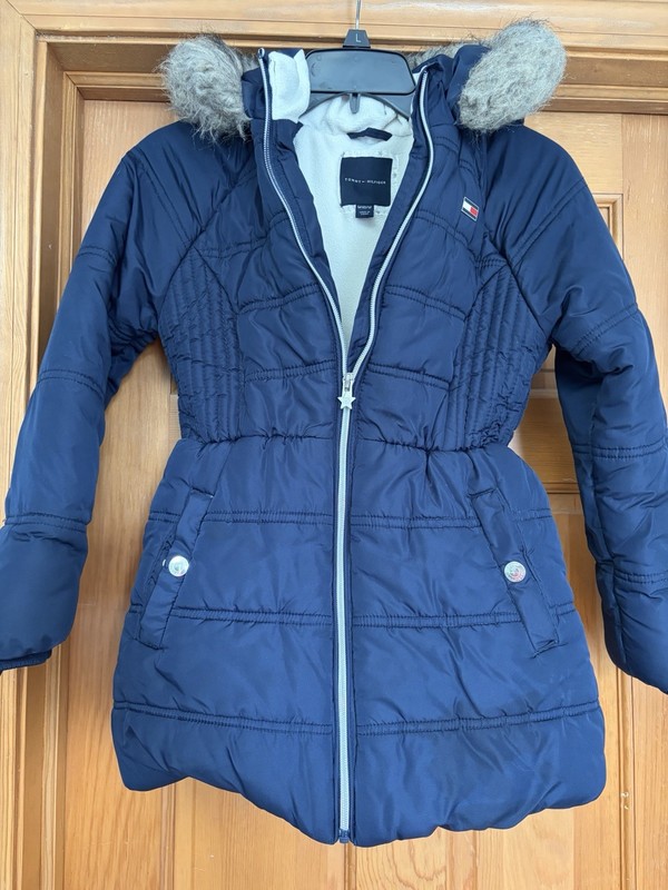 Tommy Hilfiger Girls Navy Puffer Jacket Hooded Fur Trim M 10/12 Long Sleeve