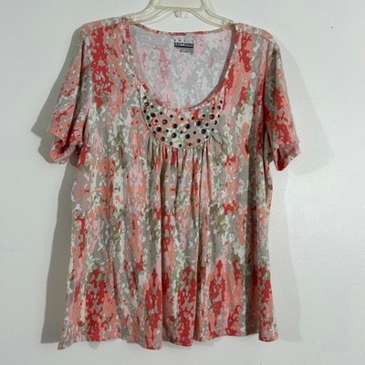 Basic Editions Women's Floral Embellished Neckline T-Shirt Top Size 1X