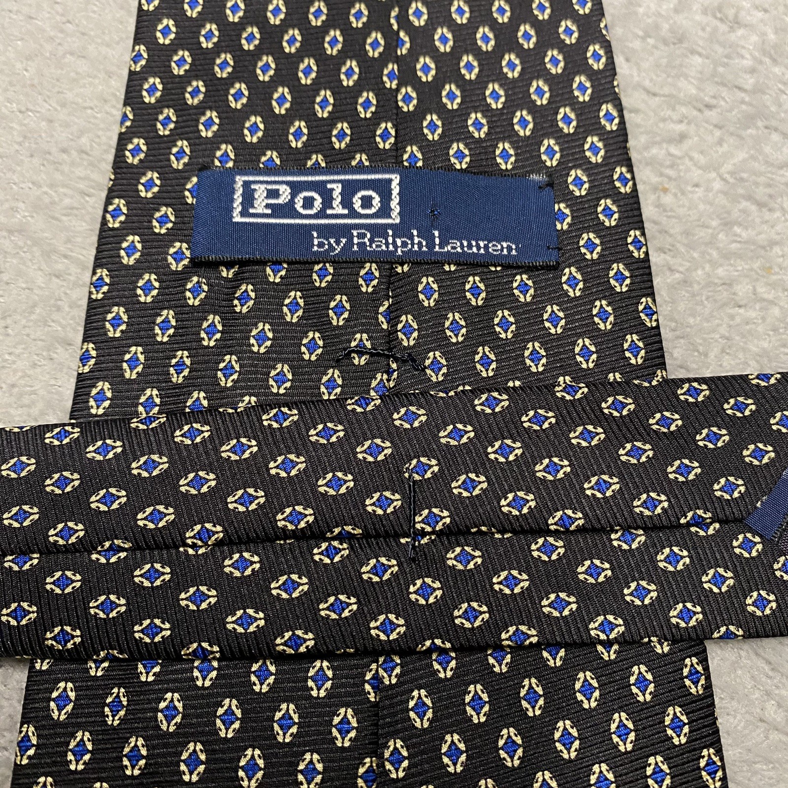Vintage Polo Ralph Lauren Silk Neck Tie Black Blue Geometric Handmade USA