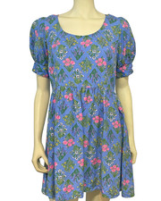 Loft Sz 8 Fit & Flare Dress Puff Sleeves Cottage Botanical Floral Print Linen