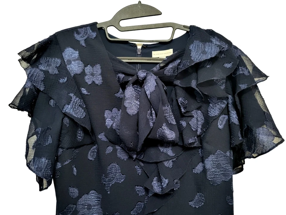 ML Monique Lhuillier Navy Floral Ruffle Dress Women Sz 10 Sheer Overlay Bow Tie - Image 3 of 4