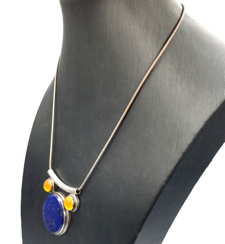 Collana Vintage Años '60 En Plata 925 Made in Italy Con Central De Lapislázuli - Imagen 5 de 9