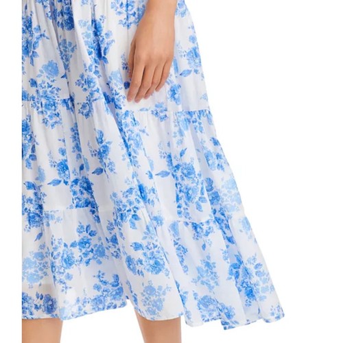 AQUA Floral Midi Dress Smocked Tie Strap Tiered Casual Summer White Blue L - Picture 4 of 9