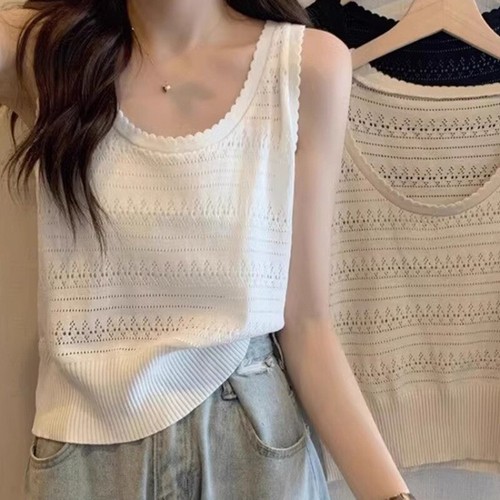 Women Sleeveless Knit Tank Tops Casual Thin Vest Hollow Out Camisole Summer Sexy - Picture 4 of 9