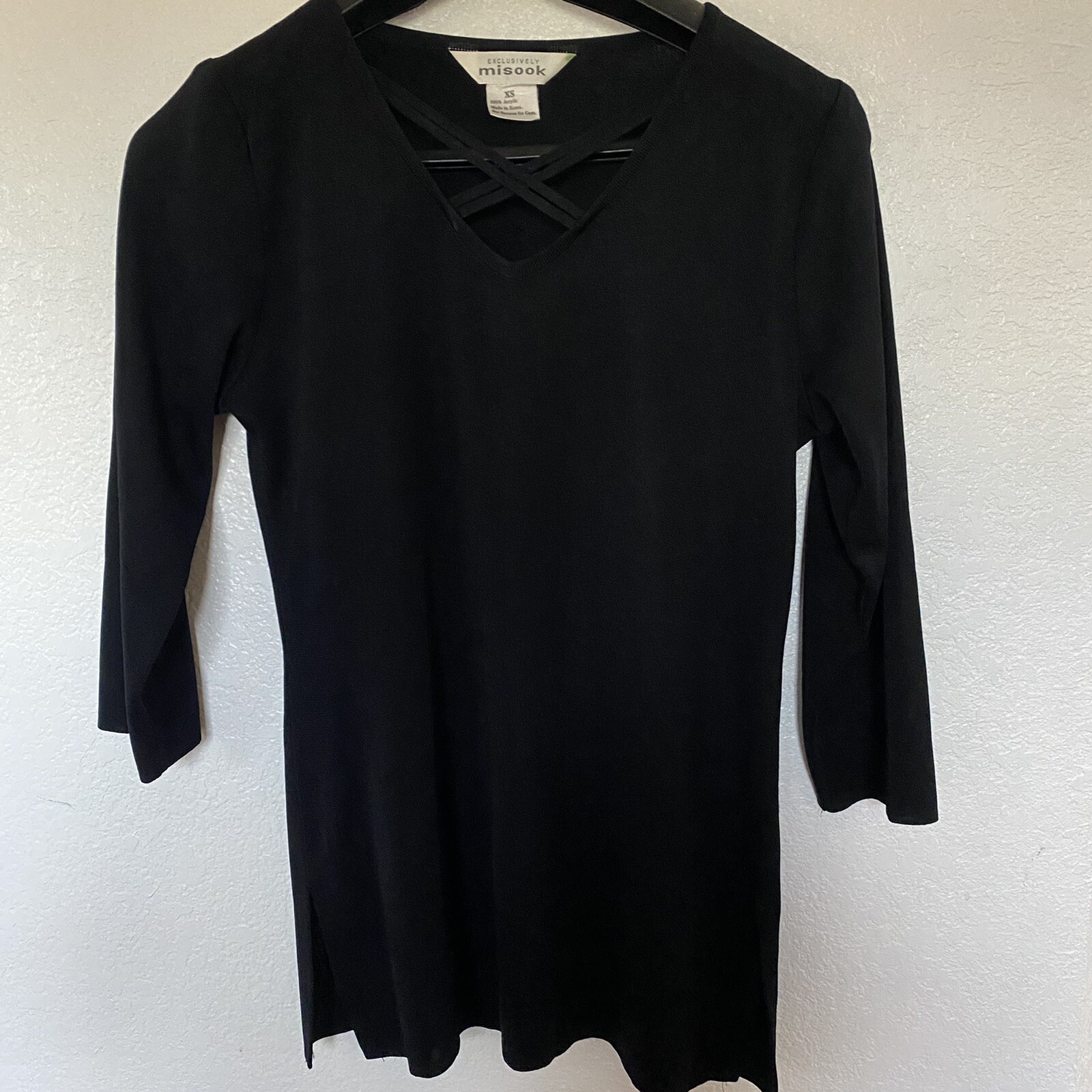 Exclusively Misook Black 3/4 Sleeve Crisscross  Pullover Tunic Sweater Size XS