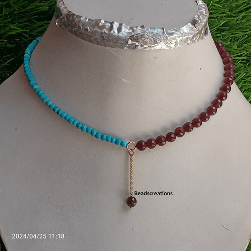 Faceted Turquoise and Garnet Beaded Jewelry Necklace Gift for Wife - Picture 3 of 4