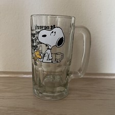 Ancienne tasse à bière en verre Peanuts Snoopy Woodstock racine bière Stein 1965 ne manque jamais