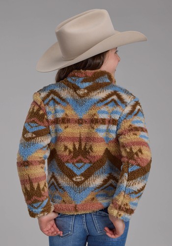 Roper Kids Girls Fuzzy Aztec Brown/Blue 100% Polyester Fleece Jacket - Picture 3 of 4