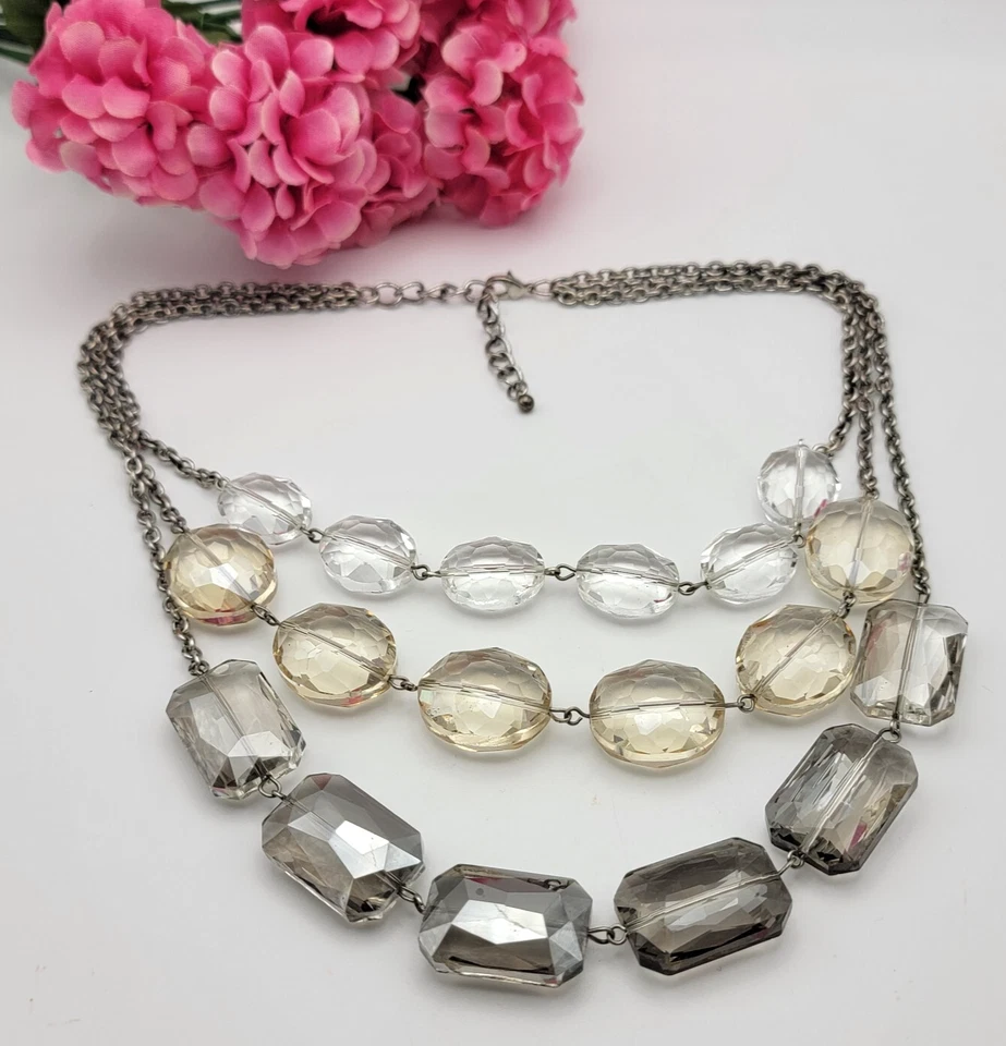 Multi Shade Clear Chunky Crystal Layered Necklace Silver Tone 19" Adjustable