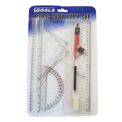 2 x SCHULE 8-teiliges GEOMETRIE BRIEFPAPIER SET Lineal Bleistift Gummi Winkelmesser usw.