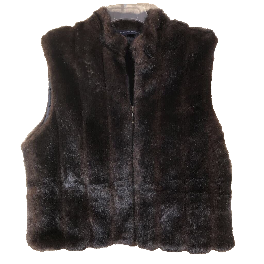 Preston & York Womens Faux Fur Vest Brown Zip Up Lined Mock Neck