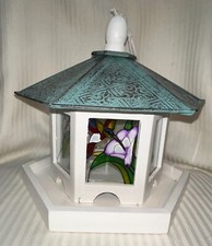 NEW IN BOX LOVELY LARGE WOOD, METAL AND STAINED GLASS BIRD FEEDER