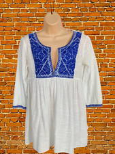 WOMENS ZARA XS WHITE BLUE COTTON SUMMER HOLIDAY BEACH BOHO 3/4 SLEEVE V NECK TOP