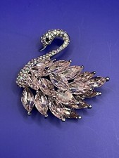 Silver Tone Pink Crystal Swan Rhinestone Brooch Pin