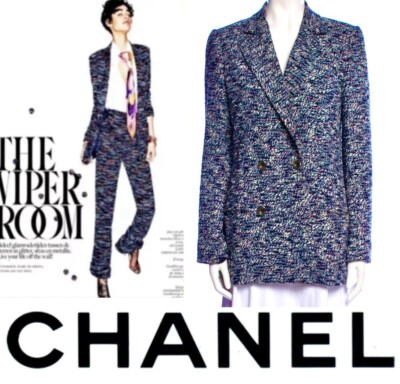 6K Chanel 2015 Protest Blvd Tweed Blue Black Jacket 34 36 38 2 4 6 Coat Top S M