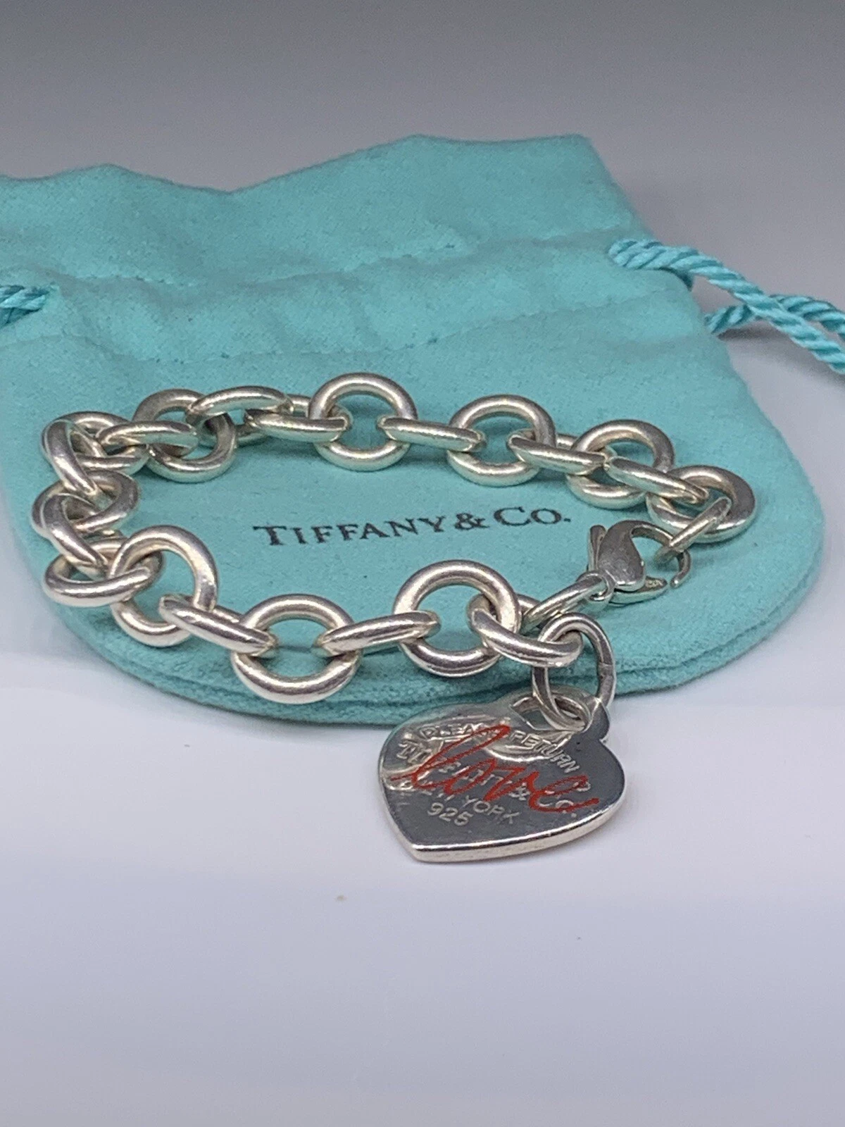 Retired Rare Please Return to Tiffany & Co Red Love Enamel Heart Bracelet Silver