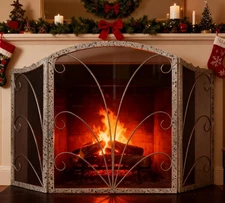 3-Panel Arched Fireplace Screen Decorative, Handcrafted Scroll Wrought Iron F...