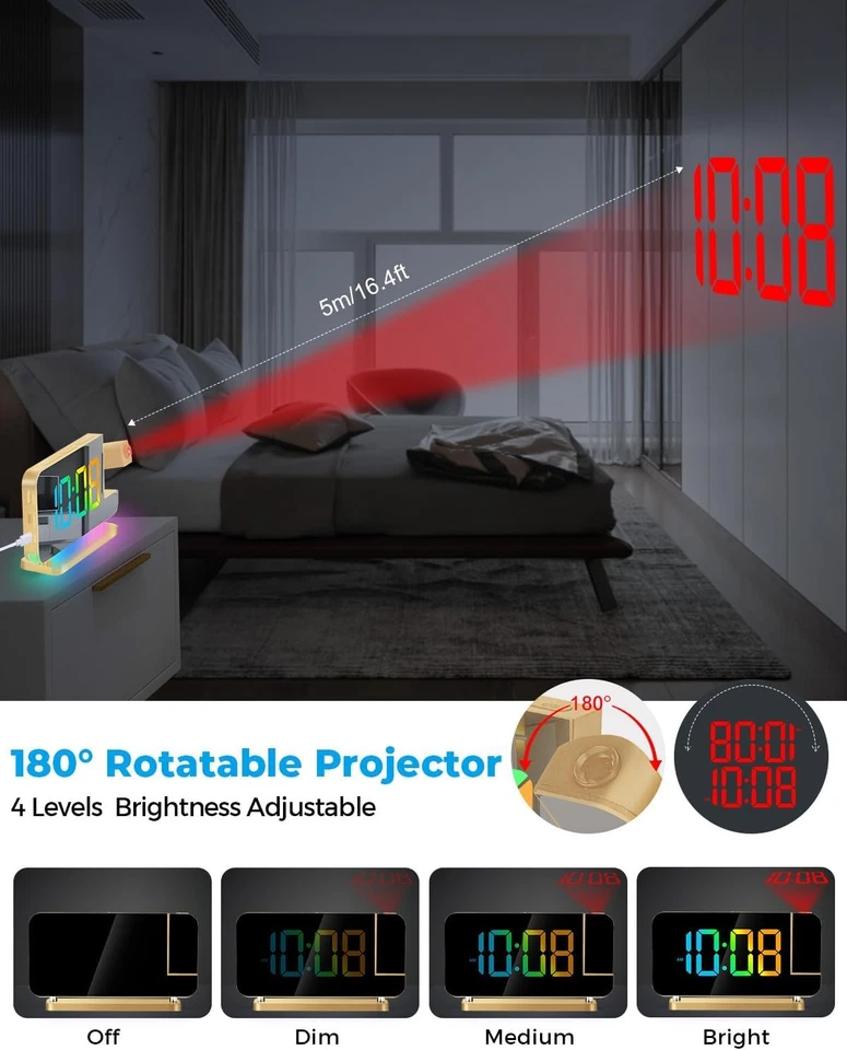 SZELAM Projection Alarm Clock LED Mirror Digital with RGB Night Light - Image 4 of 4