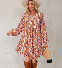 Dokotoo Small Floral Boho Mini Dress Long Sleeves Lace Trim Retro Cottage Core