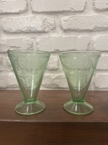 Vintage Set Of 2 Belmont Rose Cameo Green Depression Glass Footed Tumbler