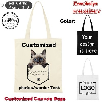 Cat Mom Hobby Tote Bag Custom Photo Name Logo Daily Fashion Canvas Handbag